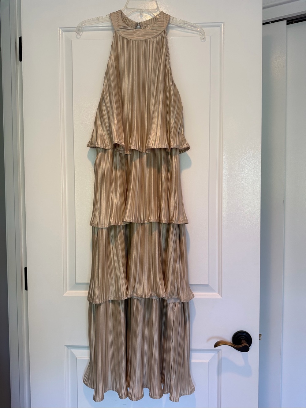 Lena Tiered Metallic Gold Halter Maxi Dress - Medium